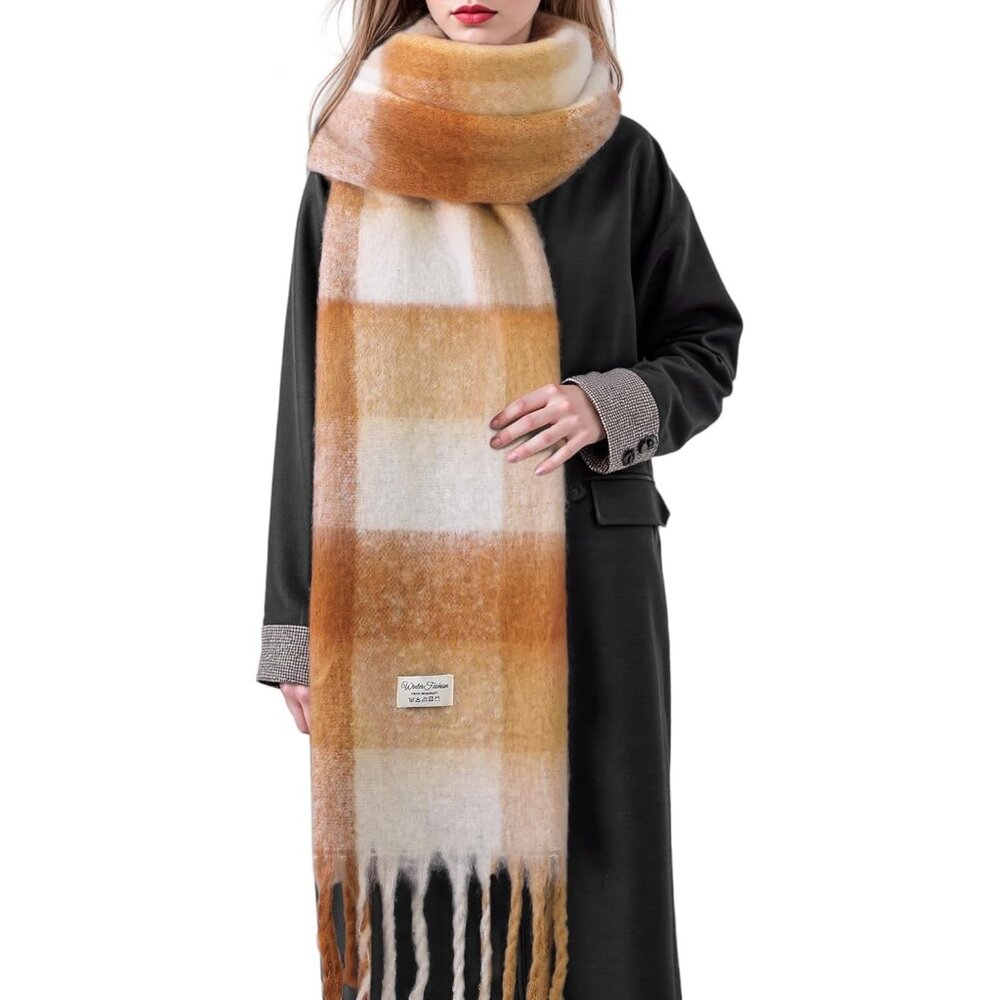 Women's Khaki Brown Vintage Chunky Feel Blanket Pashmina Winter Warm Wrap Scarfs